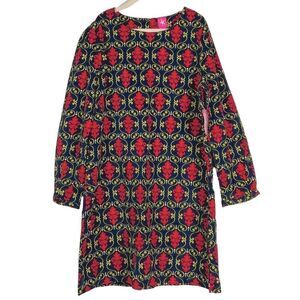 NWT J. Khaki Girls Navy Red Green Patterned Long Sleeve Dress, Medium